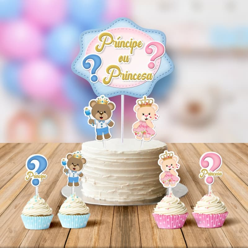 Topo de Bolo para Chá de Revelação Ursinhos Realeza Azul e Rosa + Toppers para Docinhos de Aniversário em Oferta na Shopee