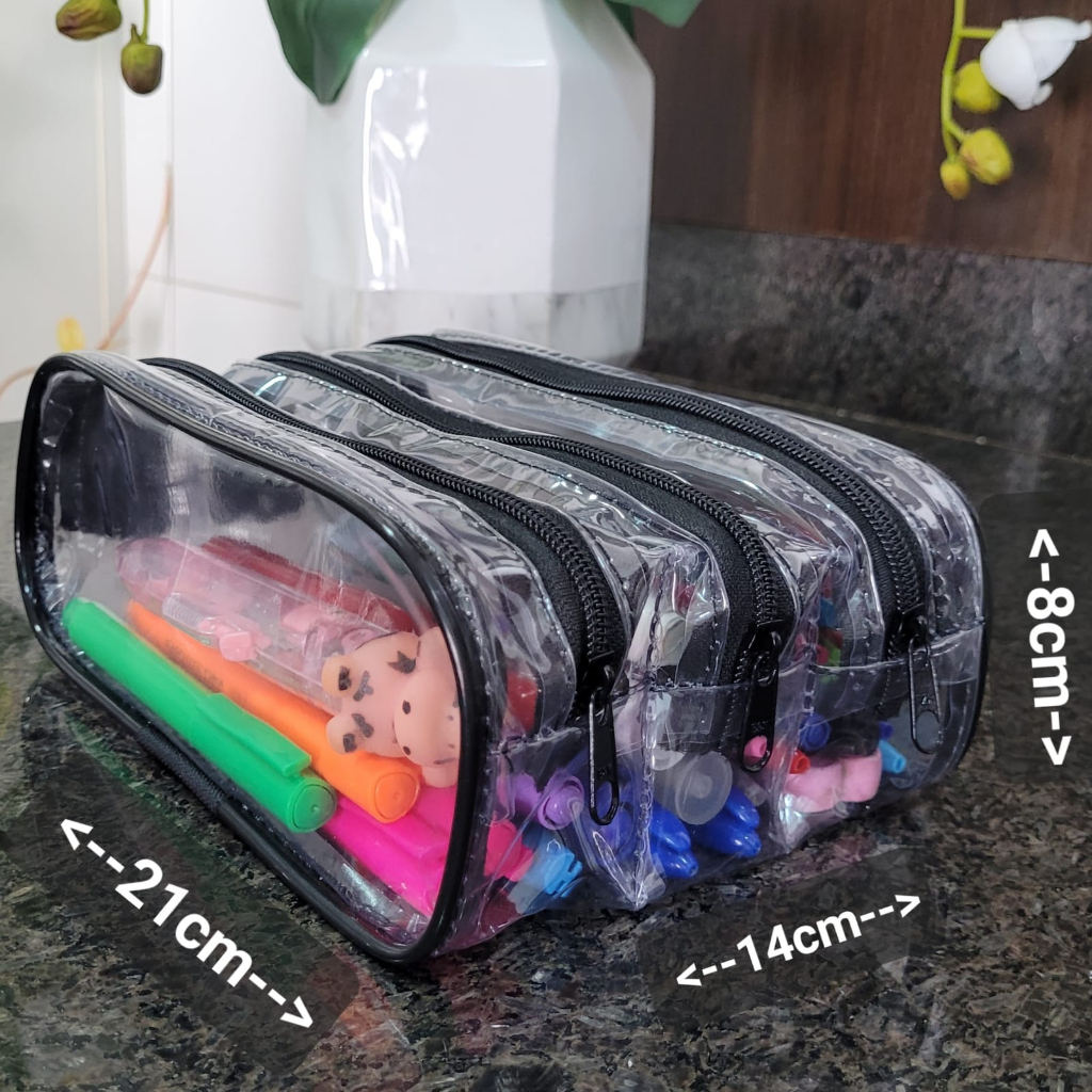 ESTOJO ESCOLAR3 PARA LÁPIS TRANSPARENTE COM VIVO PRETO CONTENDO 3 REPARTIÇÕES em Oferta na Shopee