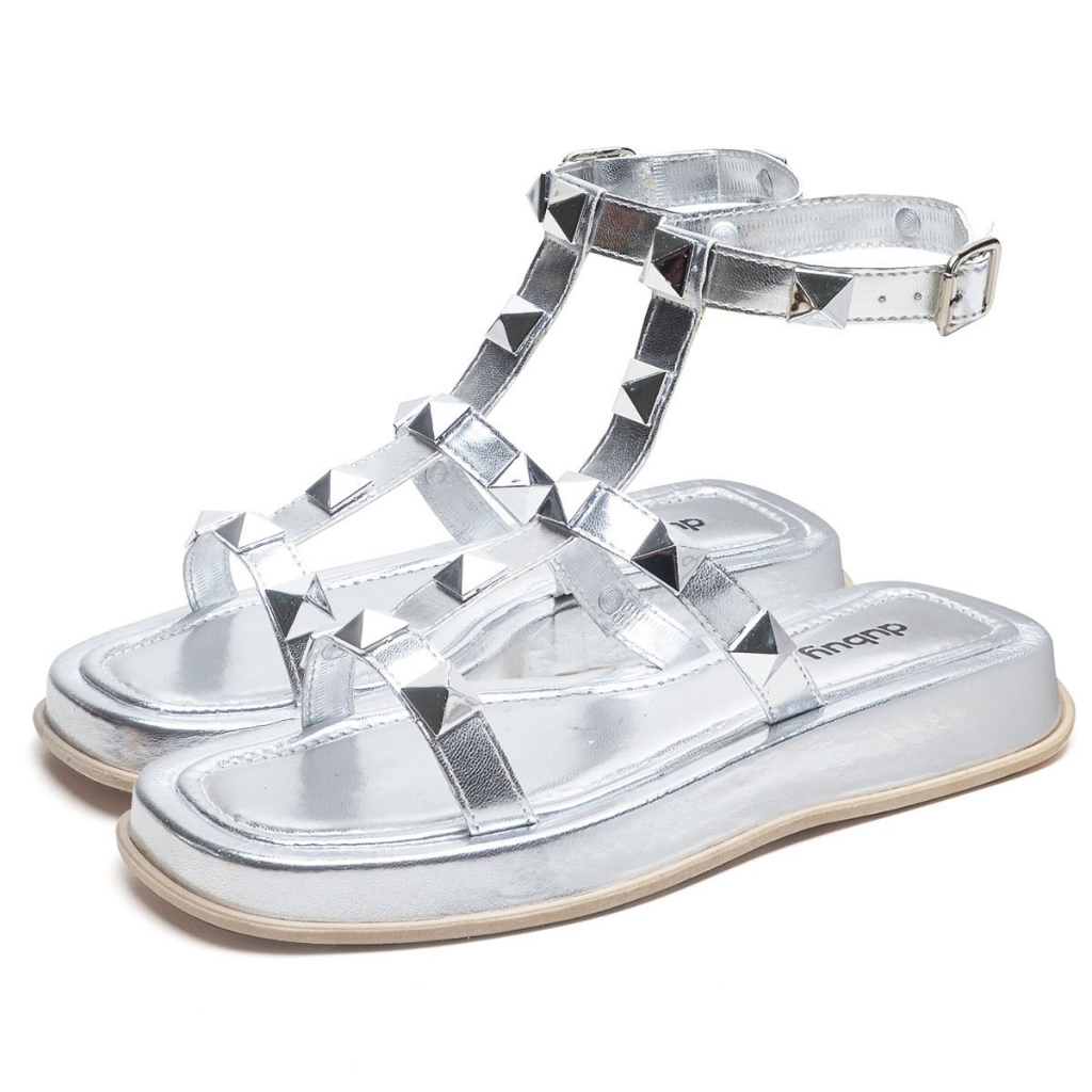 Sandalia Papete Dubuy Feminina Plataforma Pirâmide Prata Metalizado Zoe 2053FG - Women Shoes