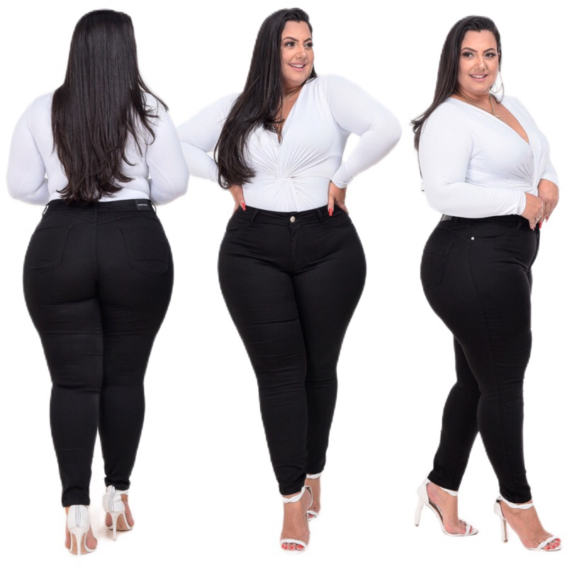 Calça Jeans Preta Feminina Plus Size Cintura Alta Com Lycra Elastano Premium efeito Empina Bumbum em Oferta na Shopee