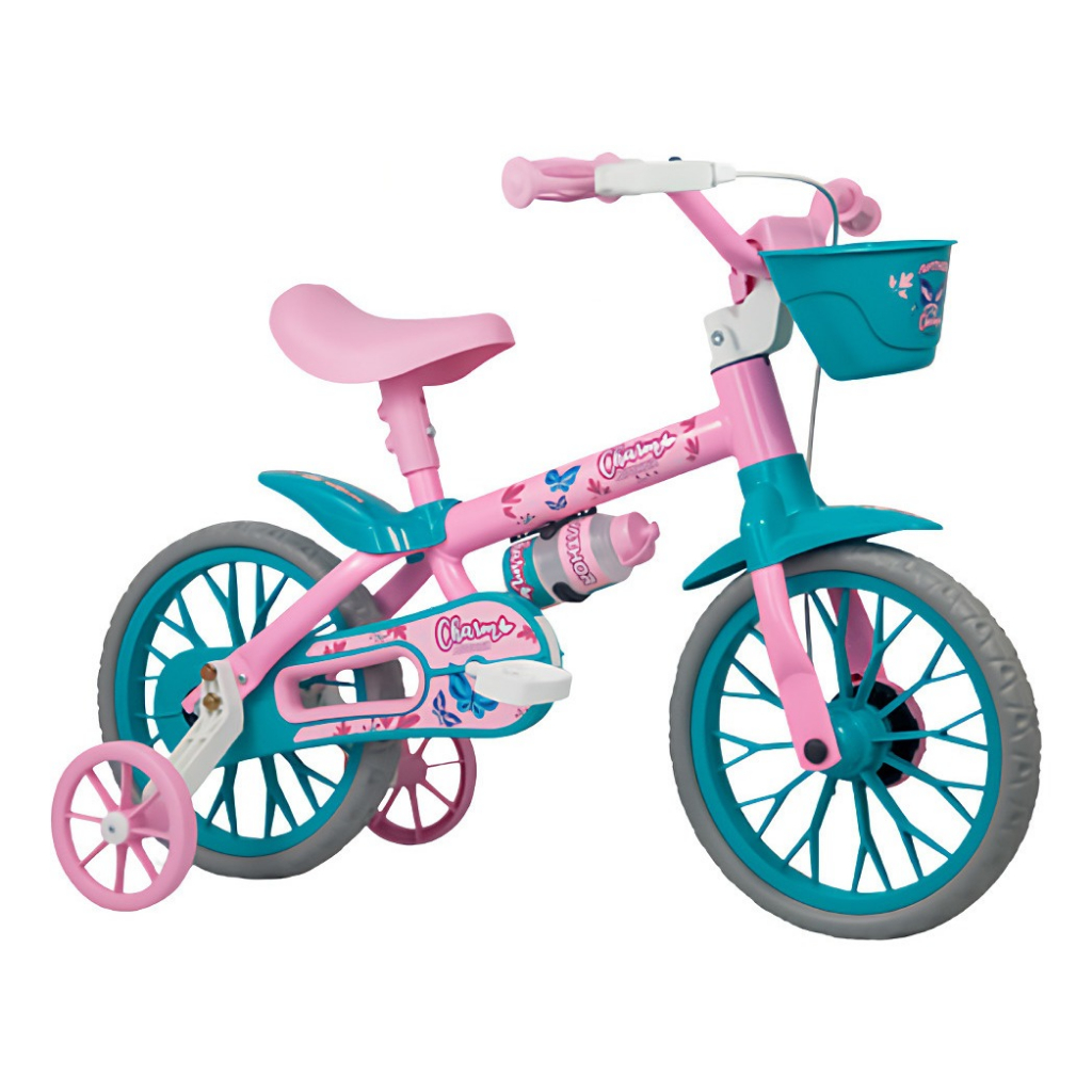 Bicicleta infantil Nathor Aro 12 Charm aro 12 cor rosa com rodas de treinamento freio tambor - Mom & Baby