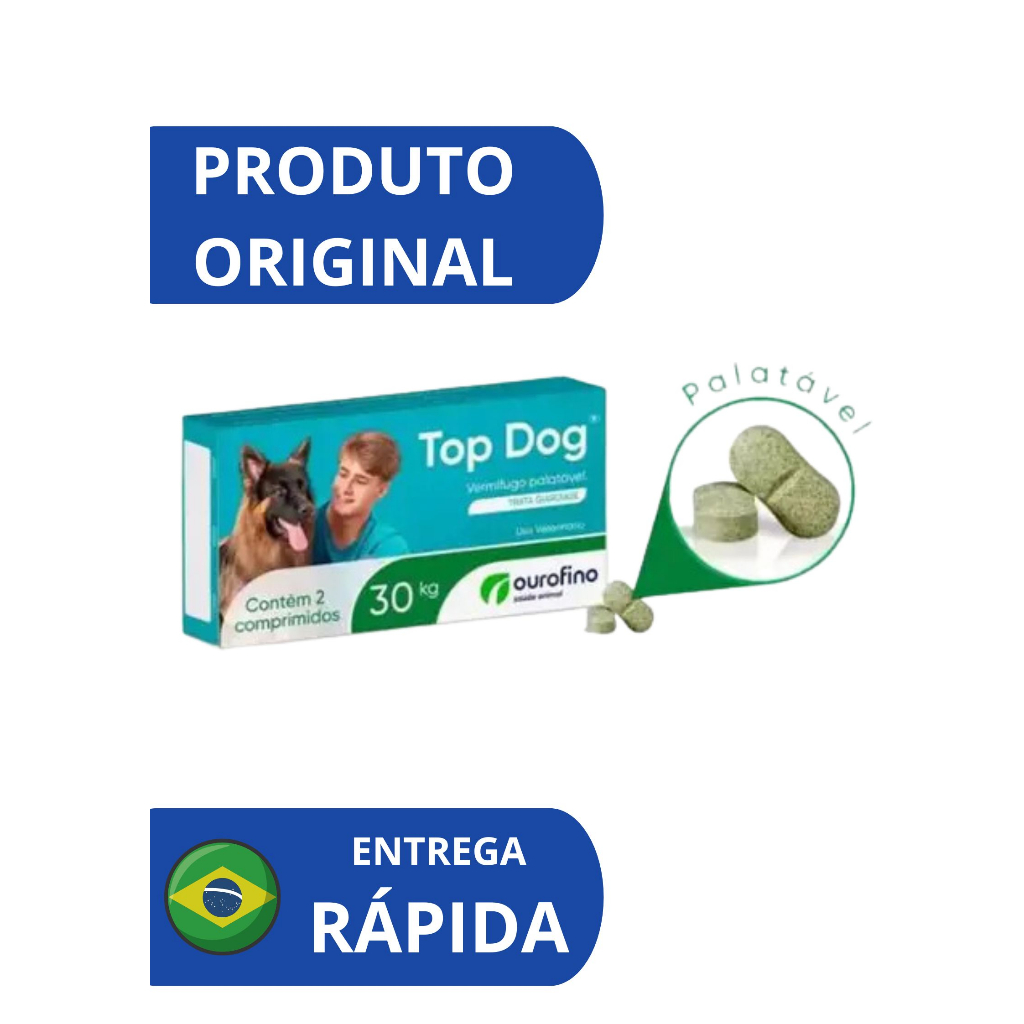 Vermifugo Ourofino Top Dog para Cães até 30Kg 2 comprimidos - ORIGINAL