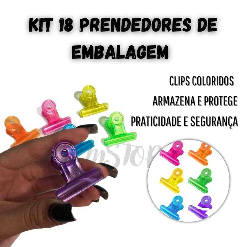 Kit 18 Prendedores Fecha Embalagem de Acrílico Colorido Clip Alimentos