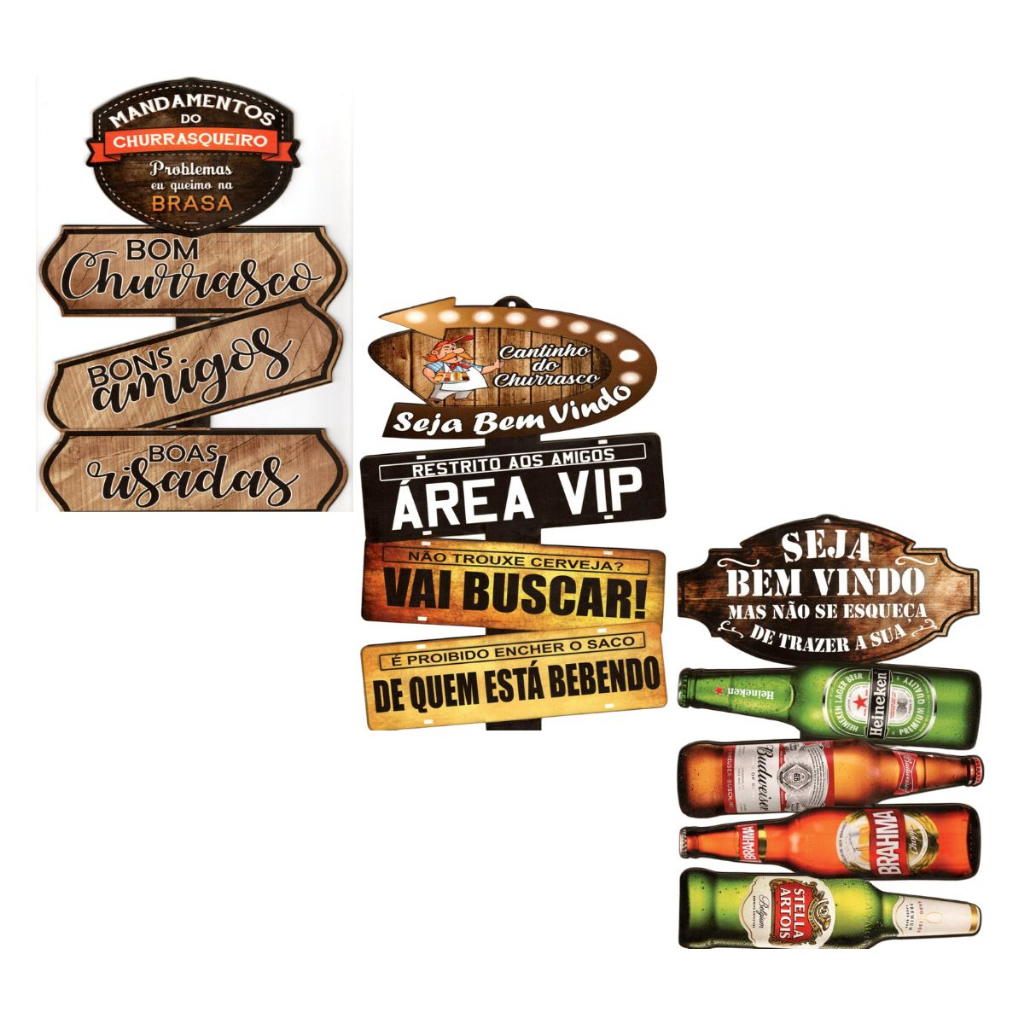 Kit 3 Placas Decorativa de Parede Cantinho do Churrasco Frases Decoração Tematica