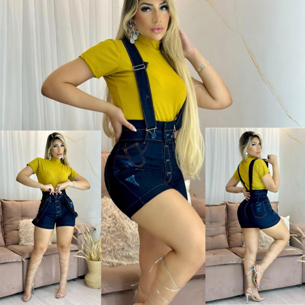 Jardineira Preta Feminina Salopete Jeans Feminina Lycra Short Com Suspensórios