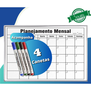 Lousa Quadro Planejamento Mensal Moldura de Alumínio 90x60cm + 4 Canetas e Apagador em Oferta na Shopee