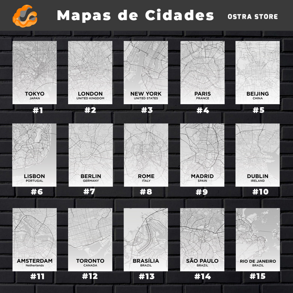 Mapas de Cidades 01 a 15 - Placa MDF & Quadro com Moldura - São Paulo - Paris - Londres - Nova York