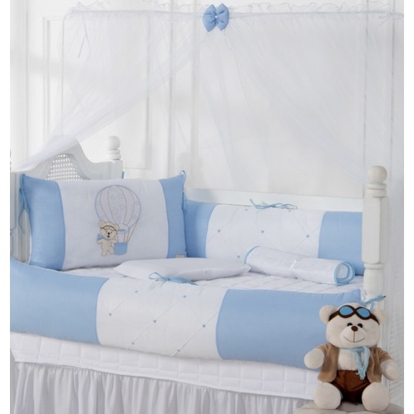 Kit Berço Americano Menino 9 Peças Urso Baloeiro Azul Bebe com Saia