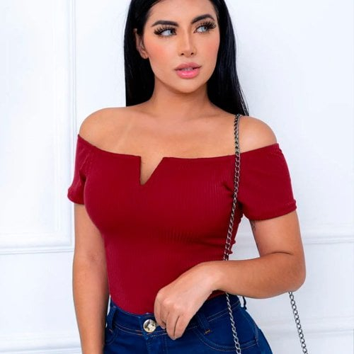 Body Cavado ombro a ombro manguinhas curta canelado ciganinha V Blusa Feminina
