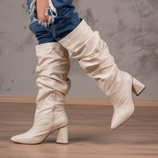 Bota Feminina Slouchy Enrugada Salto Geométrico Confortável Bico Fino Luxo