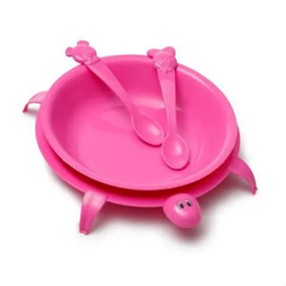 KIT PRATO TARTARUGA C/2 COLHER ROSA COMER NUNCA FOI TÃO DIVERTIDO