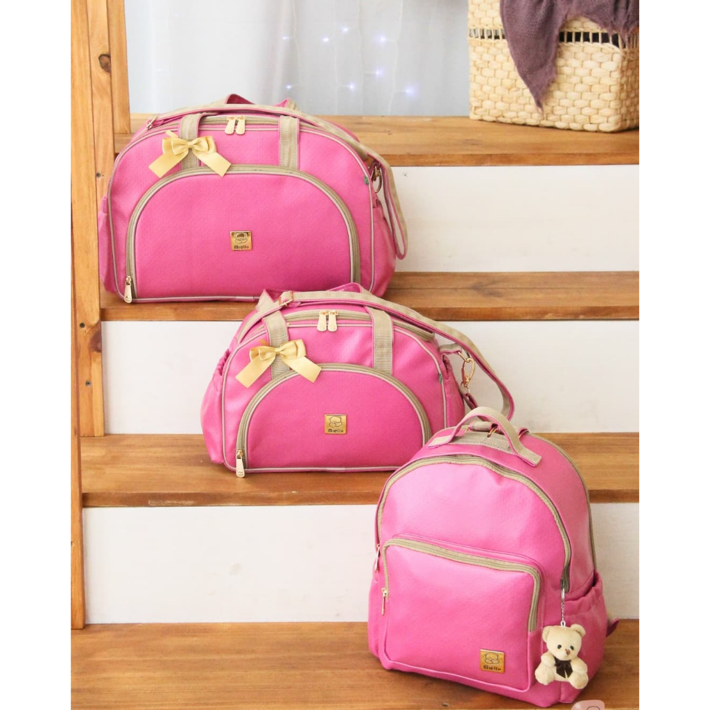 Kit Conjunto Bolsas Maternidade Bebe Menina Menino Enxoval Miellu - Linha Prática - Bolsa G, Bolsa P, Mochila e Trocador - Pink Barbie