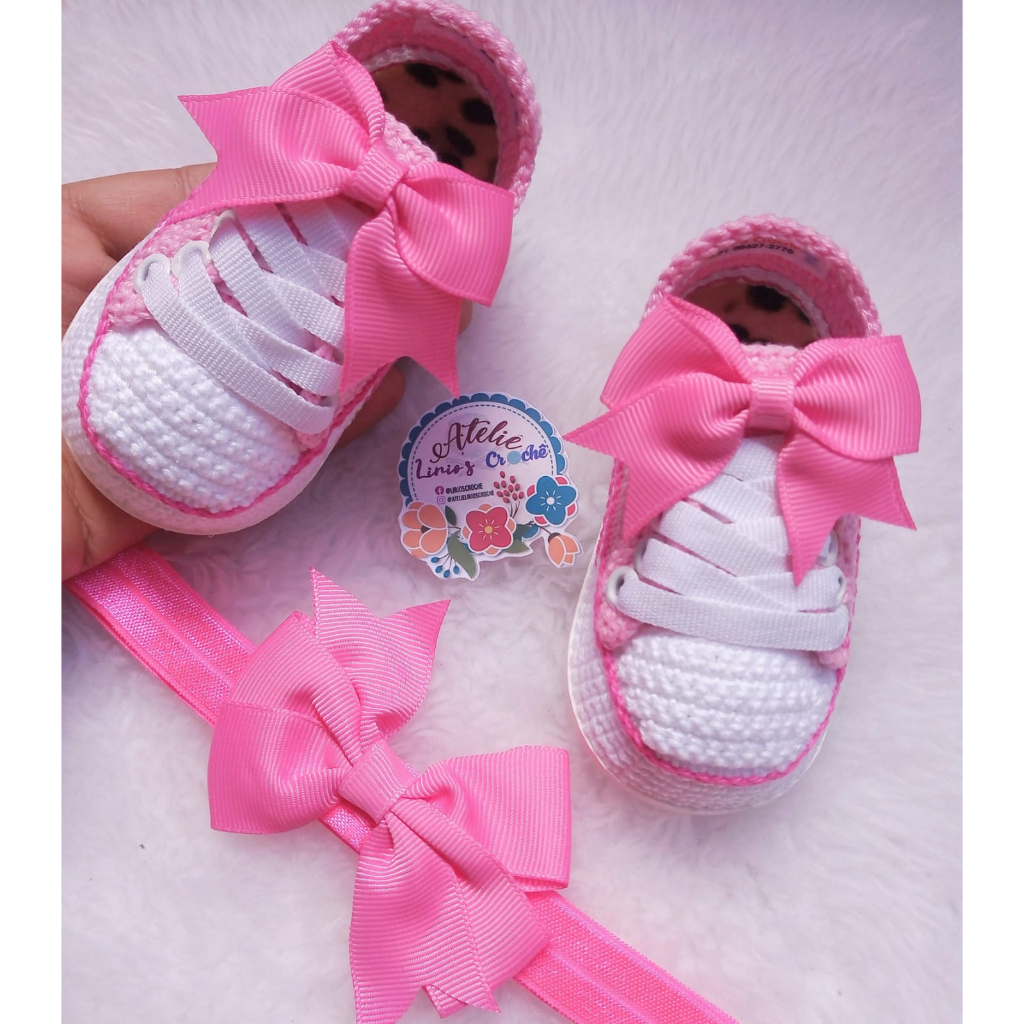 kit Tênis com Tiara / Sapatinho de bebê / Sapatinho de crochê