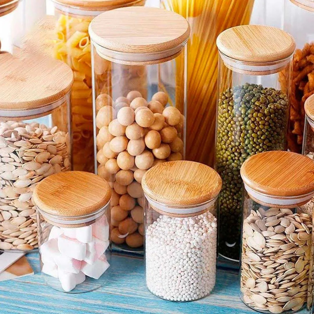 Potes Herméticos Redondo De Vidro E Tampa De Bambu Com Alta Vedação 750ml, 950ml Ou 1.300ml Utensílio De Cozinha VENDA