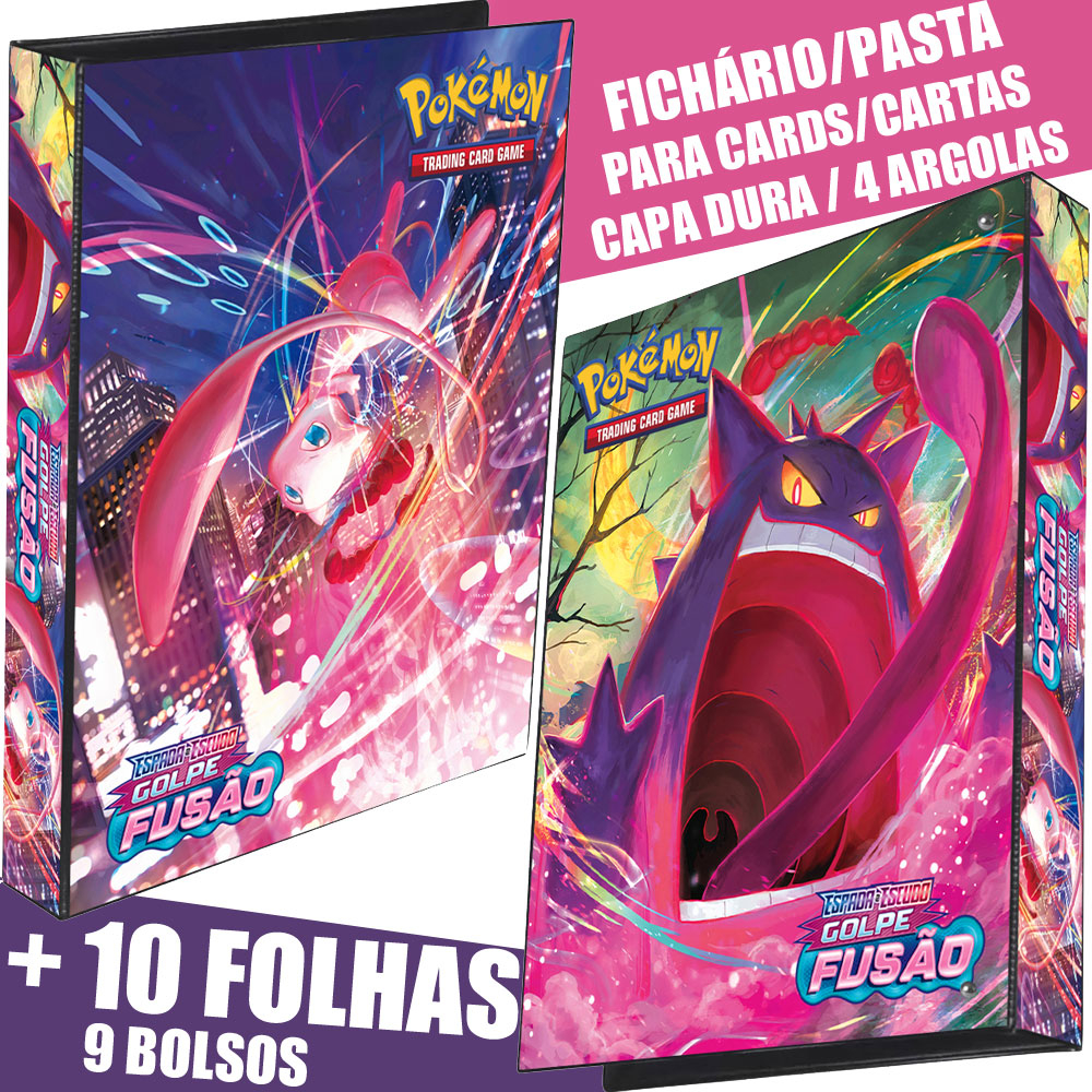 Pasta Fichário Álbum Pokémon Golpe Fusão Mew e Gengar 4 Argola Capa Dura 10 folha 9 bolso Card Carta
