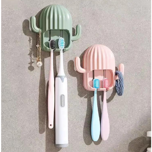 Suporte Porta Escova de Dente Adesivo Parede Cactos com 2 ganchos
