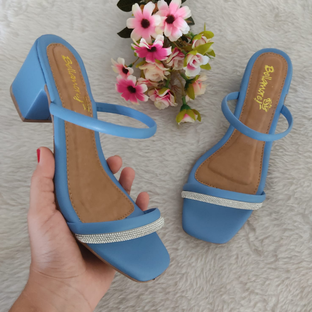 Sandália Tamanco Feminina Salto Bloco Baixo Detalhe Strass Confortável Cores Básicas REF:7701