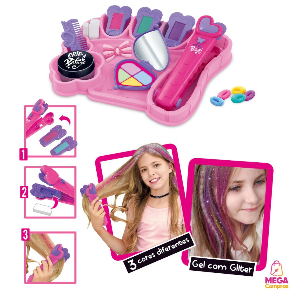 Detalhes do Brinquedo Menina Maquiagem Infantil Kit Beleza Completo Mechas Coloridas para Cabelo Maquiagem para Crianças Presente