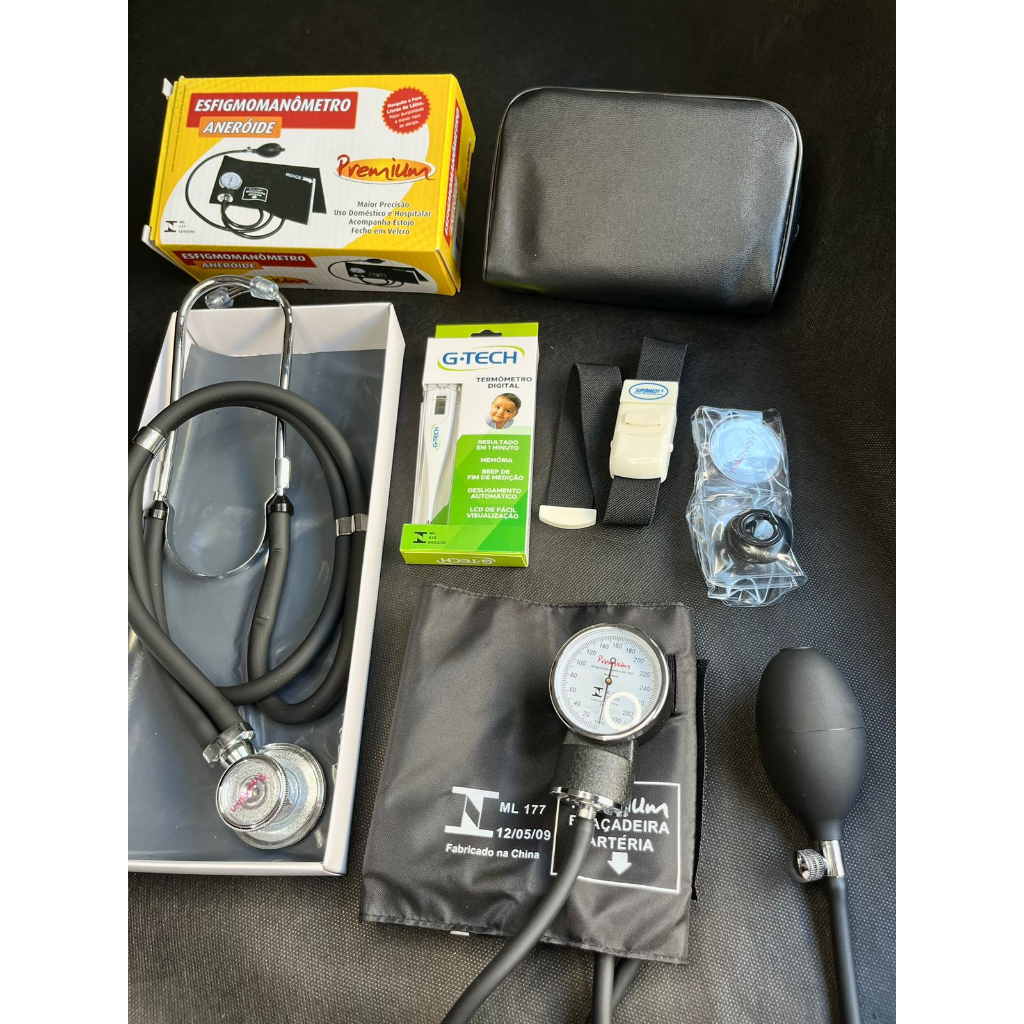 Kit de enfermagem preto marca premium, com termômetro e torniquete