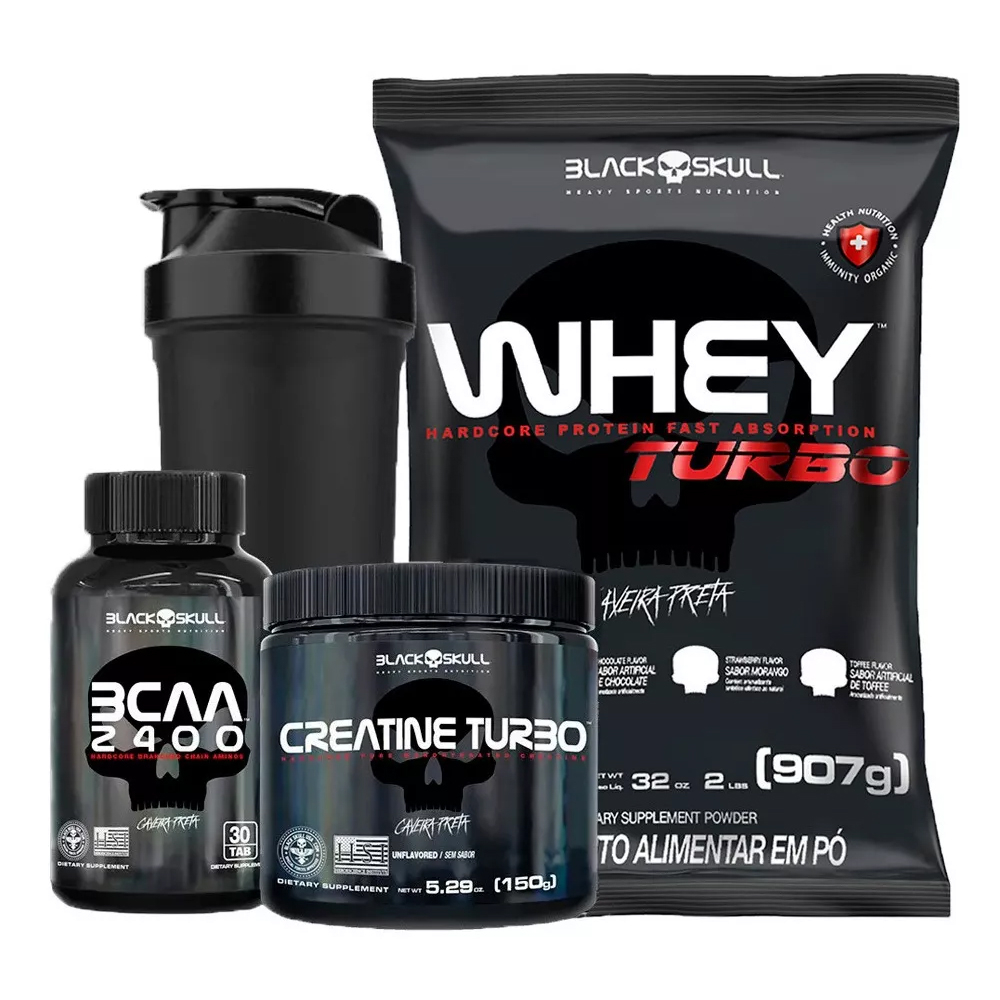 Whey Protein Turbo 907g + Creatina 150g + Bcaa - Black Skull