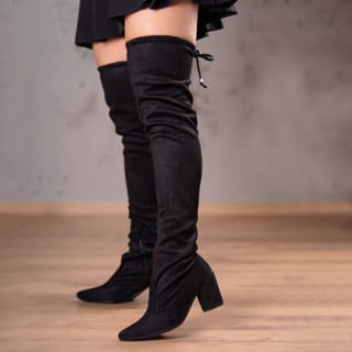 Bota Feminina Over The Knee Stretch Luxo Bico Fino Salto Grosso Confortável
