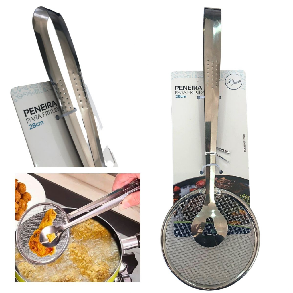 Escumadeira Fritura Salgados Peneira Com Pegador Aço Inox