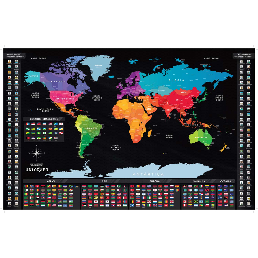 Mapa Mundi de Raspar | Unlocked | Sem moldura | 94x60 CM | Mapa de Viagens | Raspadinha| Scratch Map