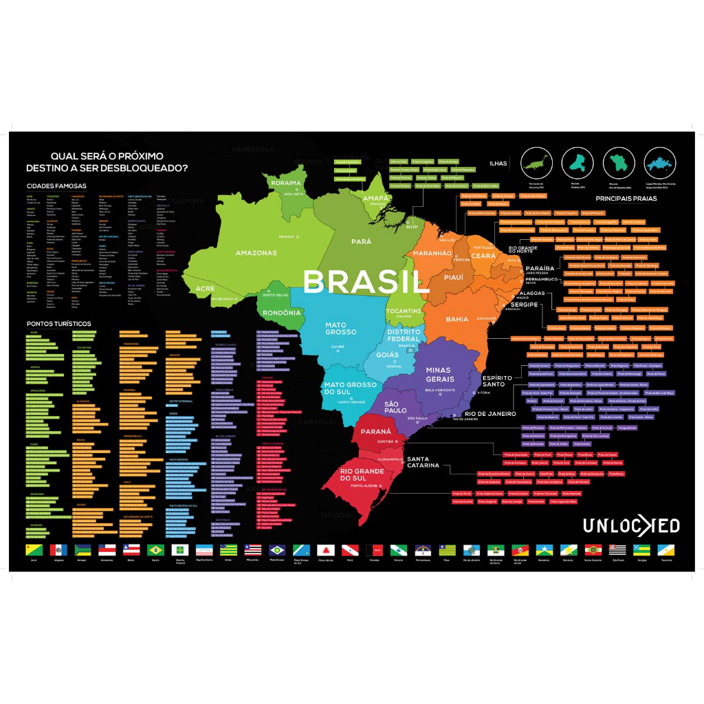 Mapa Do Brasil de Raspar Unlocked | Sem moldura | 94x60 CM Mapa de Viagens | Raspadinha Scratch Map