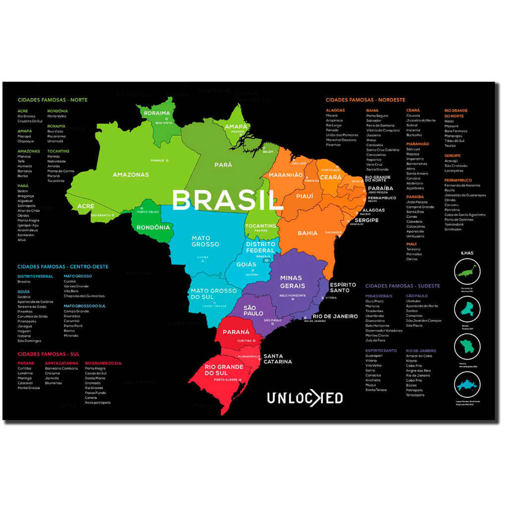 Mapa do Brasil de Raspar | Unlocked | 60x42 CM | Sem moldura | Mapa de Viagens | Raspadinha