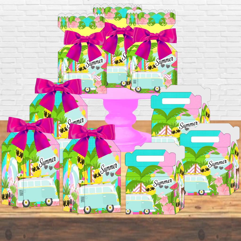 Kit 30 Caixinhas Tropical Summer 2 em 1 Lembrancinhas Decorativas, Festa Aniversário tema Praia, Tropical, Festa na Piscina, Pool Party, Frutas, tema Hawai, Tema Praiano