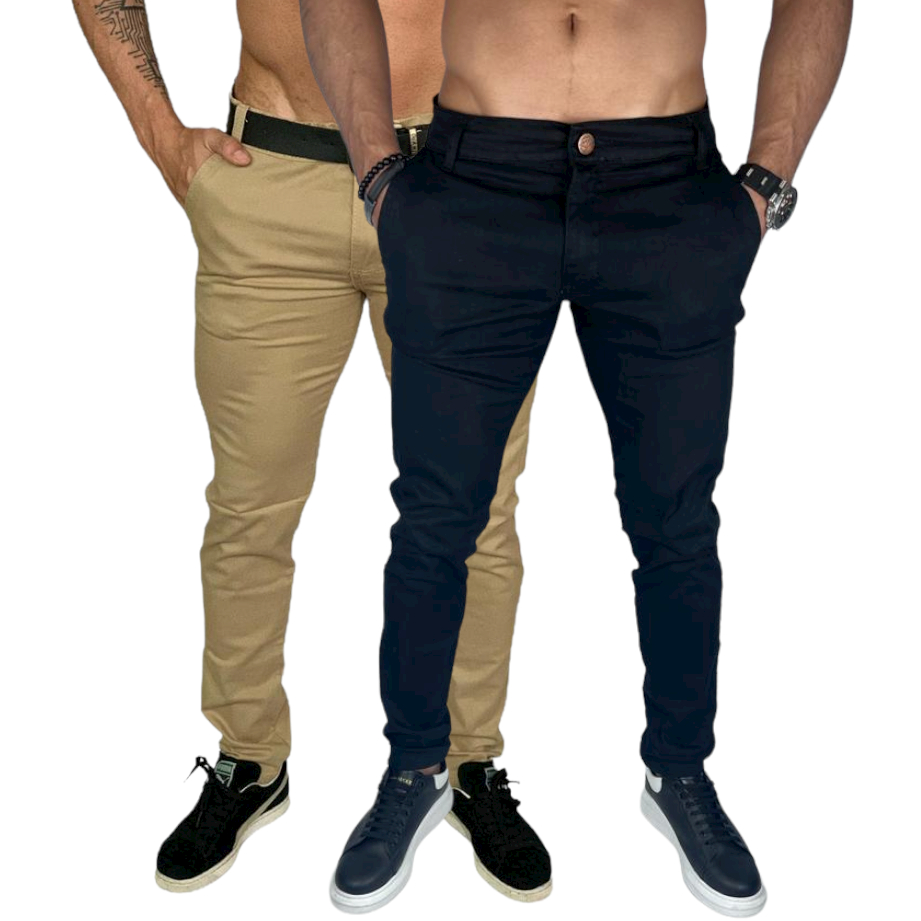 Kit com 2 Calça Sarja Masculina Chino Brim Esporte fino e Social Peça versátil com desconto e oferta