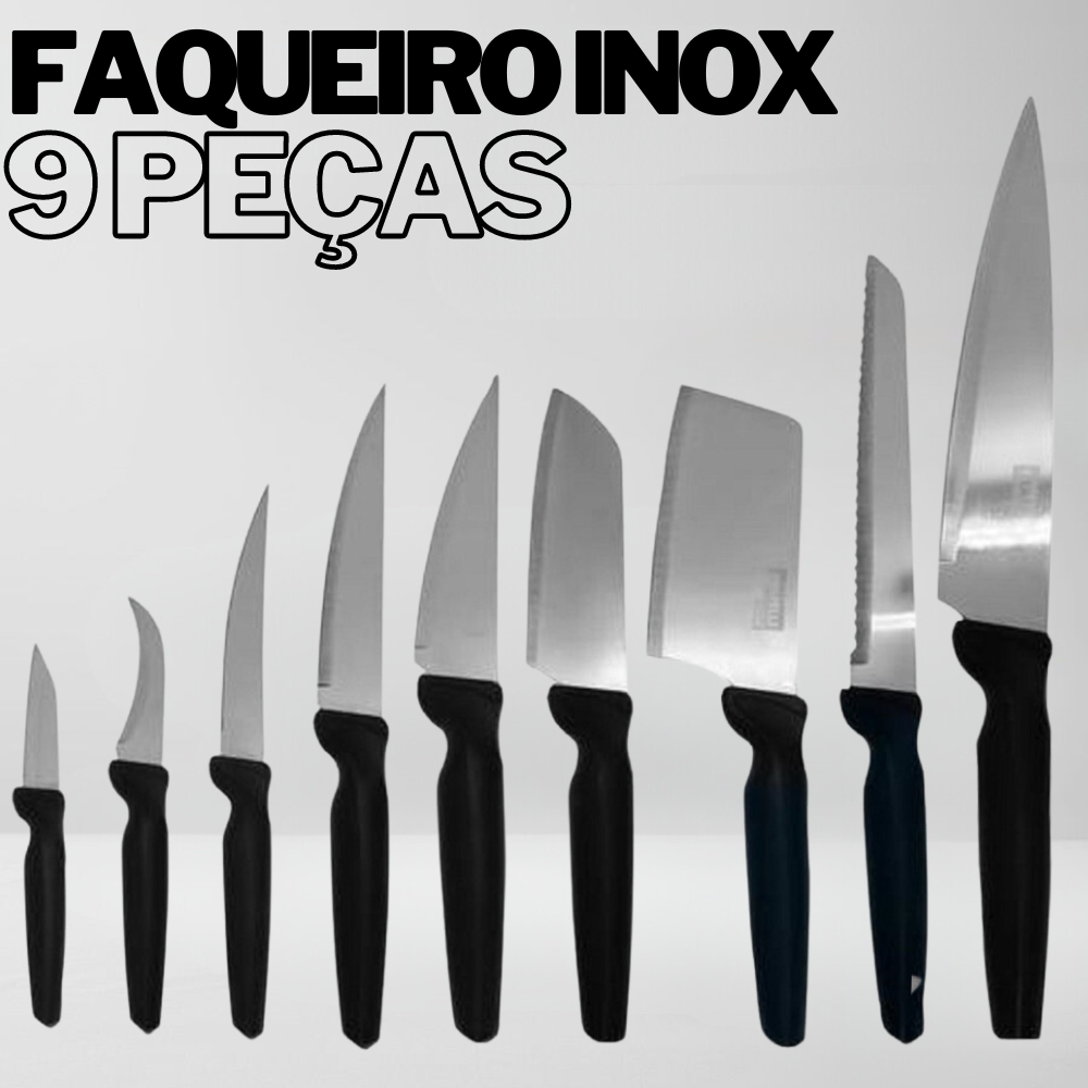 Kit Jogo De Facas Faqueiro 9 Peças Plenus Aço Inox Profissional Chef Fratelli Cozinha Utensílios Cortar