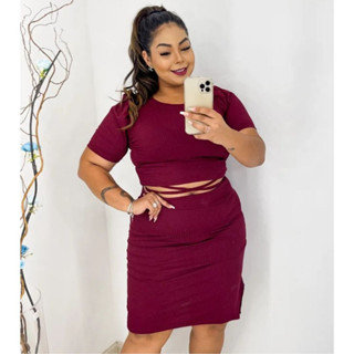 Conjunto Feminino Plus Size Malha Canelada Cropped Amarração e Saia Tubinho Moda Gringa Feminina