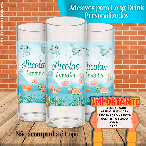 Adesivos Personalizados para Copo Long Drink Fundo do Mar