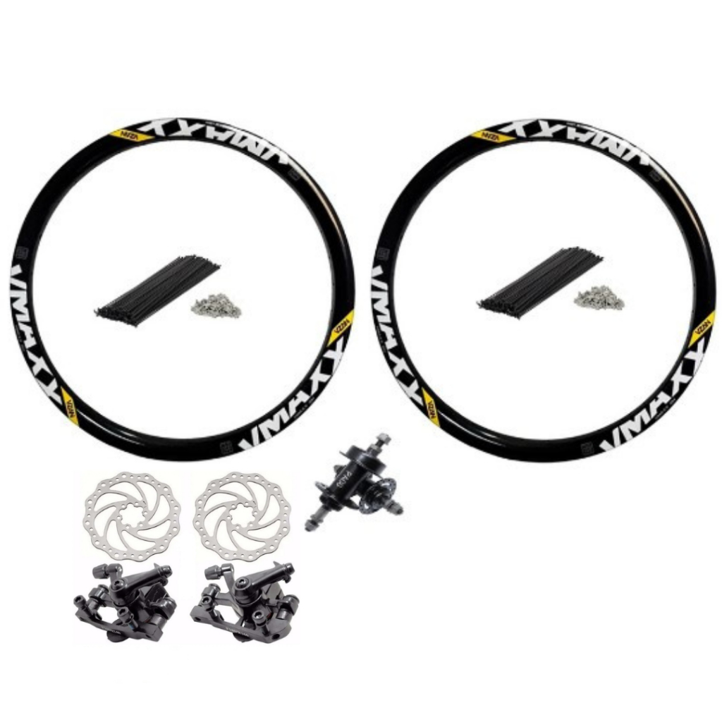 Par 2 Aro Vzan Vmaxx Preto Aro 26 Parede Dupla Reforçado Dh Paredão Para + Raios Pretos + Cubos Aço 36F + Freio a Disco