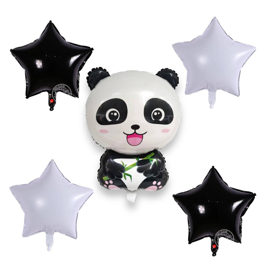 Kit C/ 5 Balão Metalizado Animal Urso Panda E Balão Estrela Preto e Branco 45cm