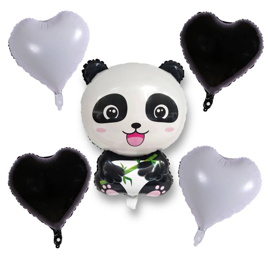 Kit C/ 5 Balão Metalizado Animal Urso Panda E Balão Coração Preto e Branco 45cm