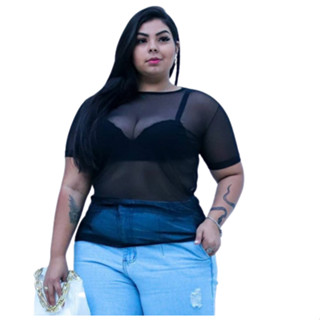 T-shirt Feminina Plus Size Blusa Tule Transparente