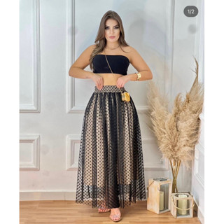 Saia longa feminina de tule de poá moda evangélica tendência