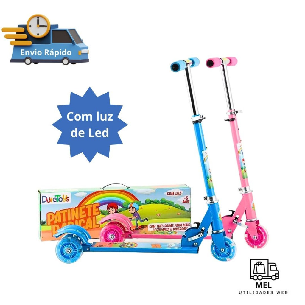 Patinete Infantil 3 Rodas Luz de Led Dobrável Ajustável para Meninos e Meninas Patinete Infantil