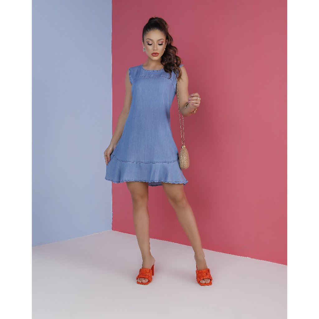 Vestido Feminino Regata Soltinho Jeans Liocel Leve e Fresquinho