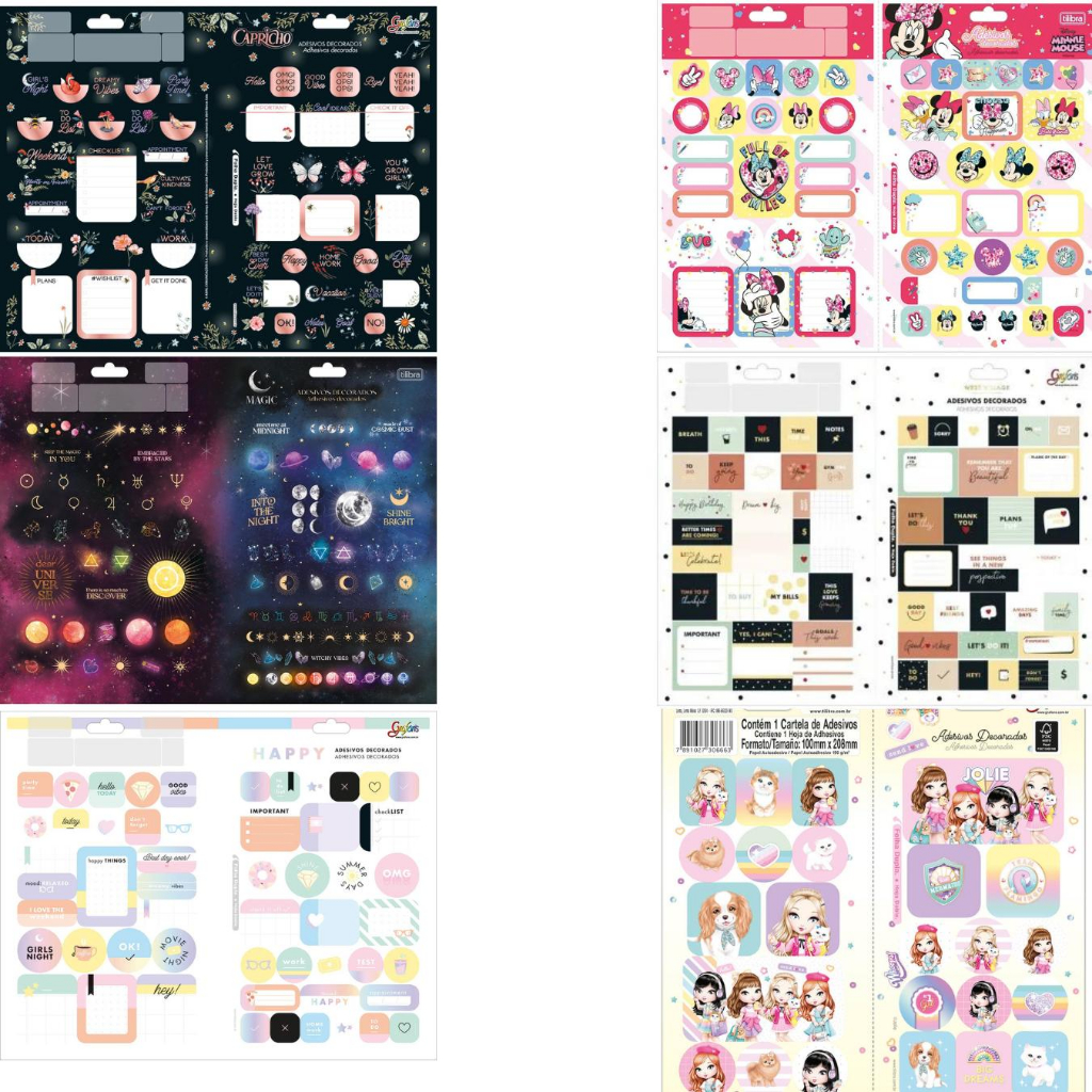 Adesivo Decorado Duplo 145 x 232 mm (Minnie, Pooh, Capricho) Bullet Journal - Tilibra