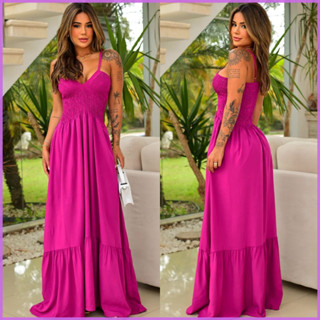 Vestido Longo Feminino Decotado com Busto Drapeado de Verão Varias Estampas (36 ao 46)