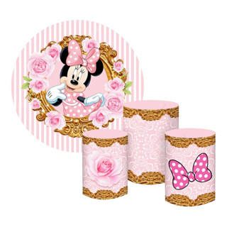 PAINEL E CILINDROS EM TECIDO MINNIE ROSA