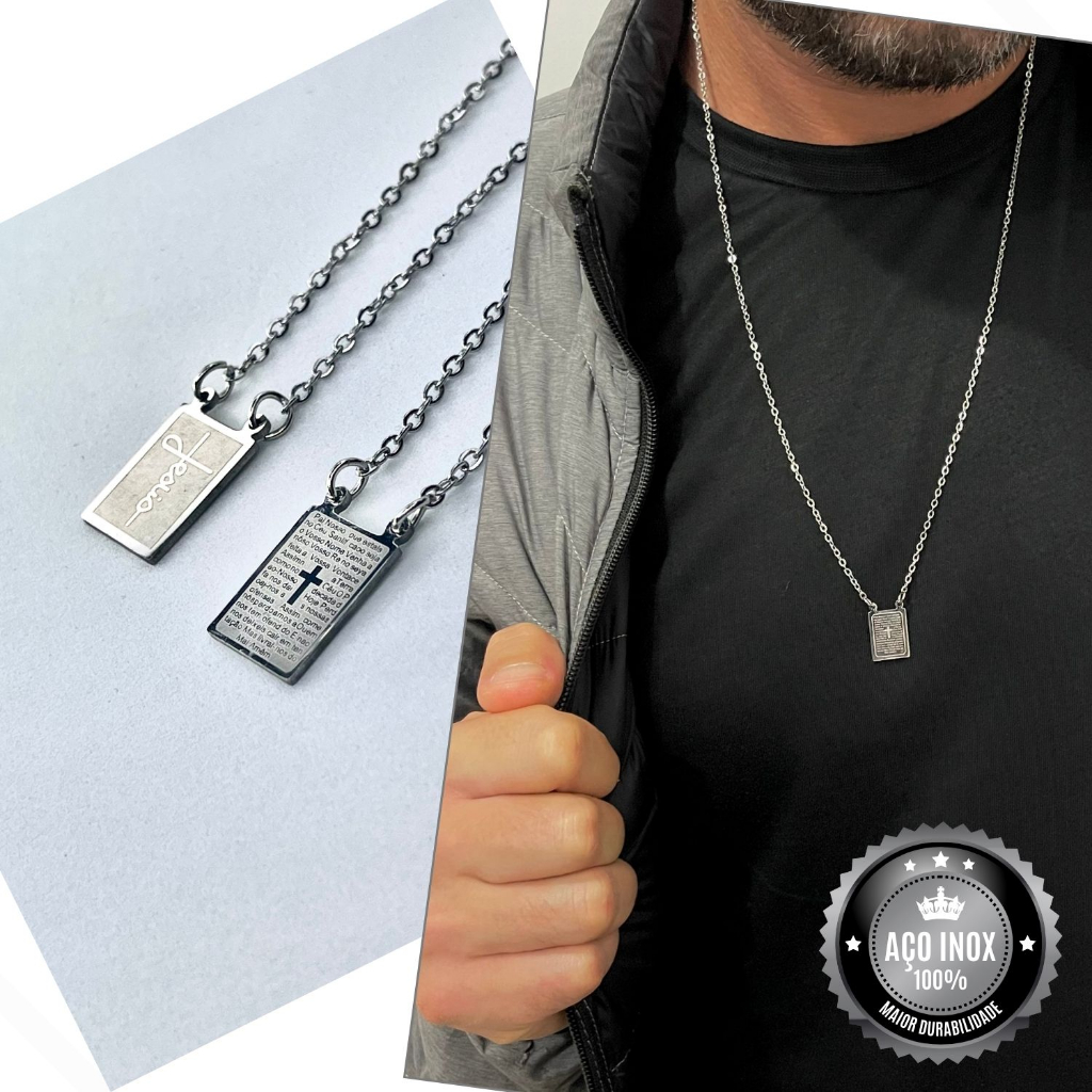 Escapulário Masculino Premium de Aço Inox Pai Nosso e Jesus Prata para Presente com Certificado