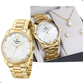 Kit Relógio Feminino Dourado Champion Com Semijoias CN27607S