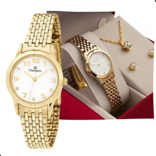 Kit Relógio Feminino Champion Original Dourado CH24866W