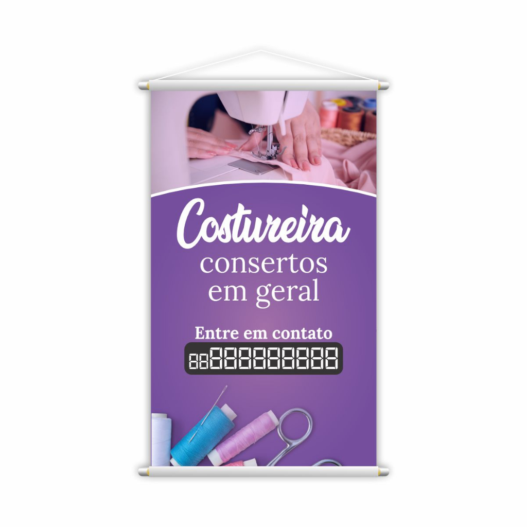 Banner Costureira Consertos em Geral Contato Roxo