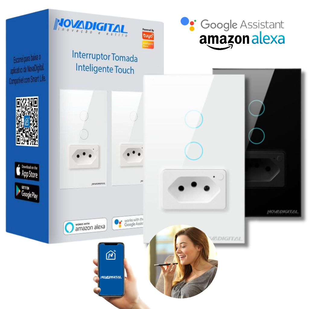 Interruptor Wifi Inteligente 2 Botões Touch Com Tomada - Alexa Google Assistente Smart Life