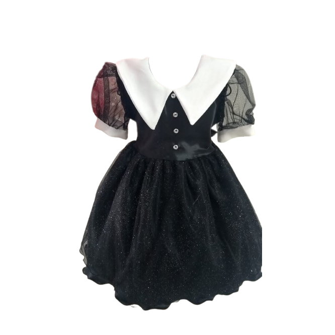 Vestido Infantil de Festa Halloween Temático da Wandinha Vandinha Addams Lindo